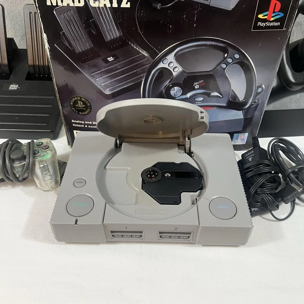 Sony PlayStation 1 SCPH-5501 Console Mad Catz Wheel Pedals PS1 7 Disc Lot